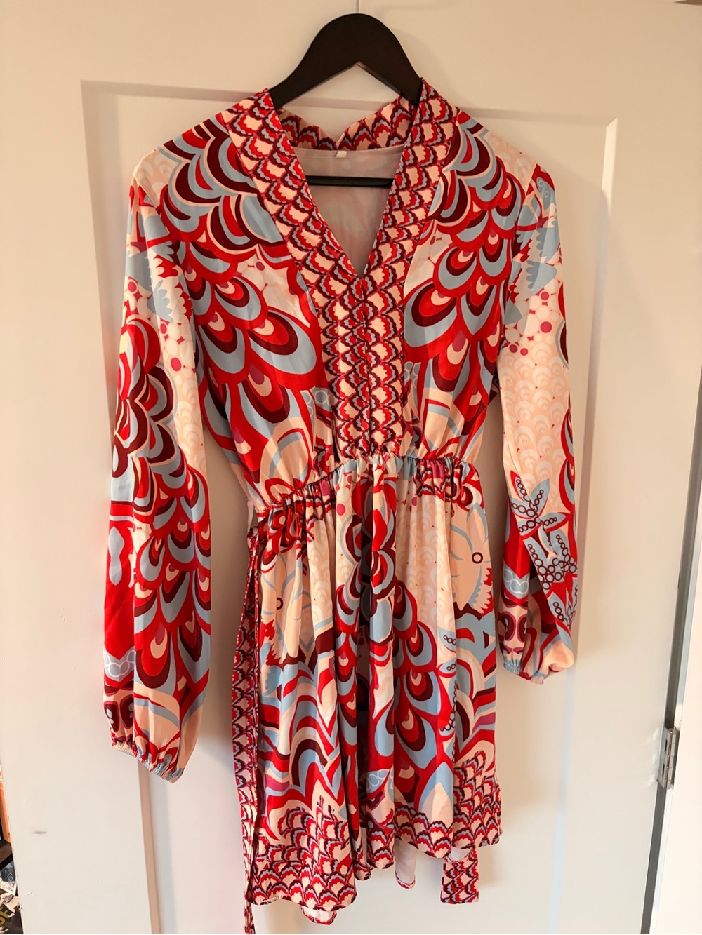 Melissa Red, Light Blue & Cream Long Sleeve Patterned V-Neck Dress